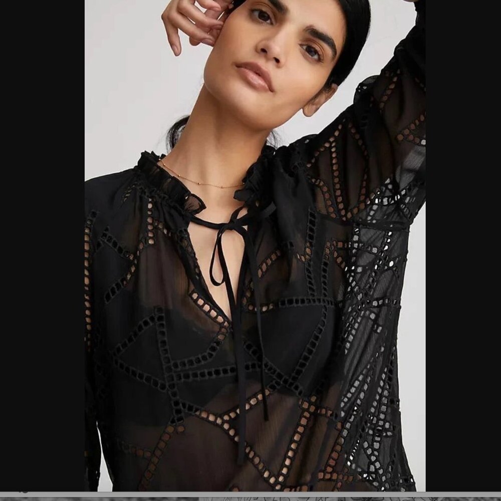 NWT Cabarello Anthropologie S Black ‘Amala’ Eyelet Long Sleeve Blouse